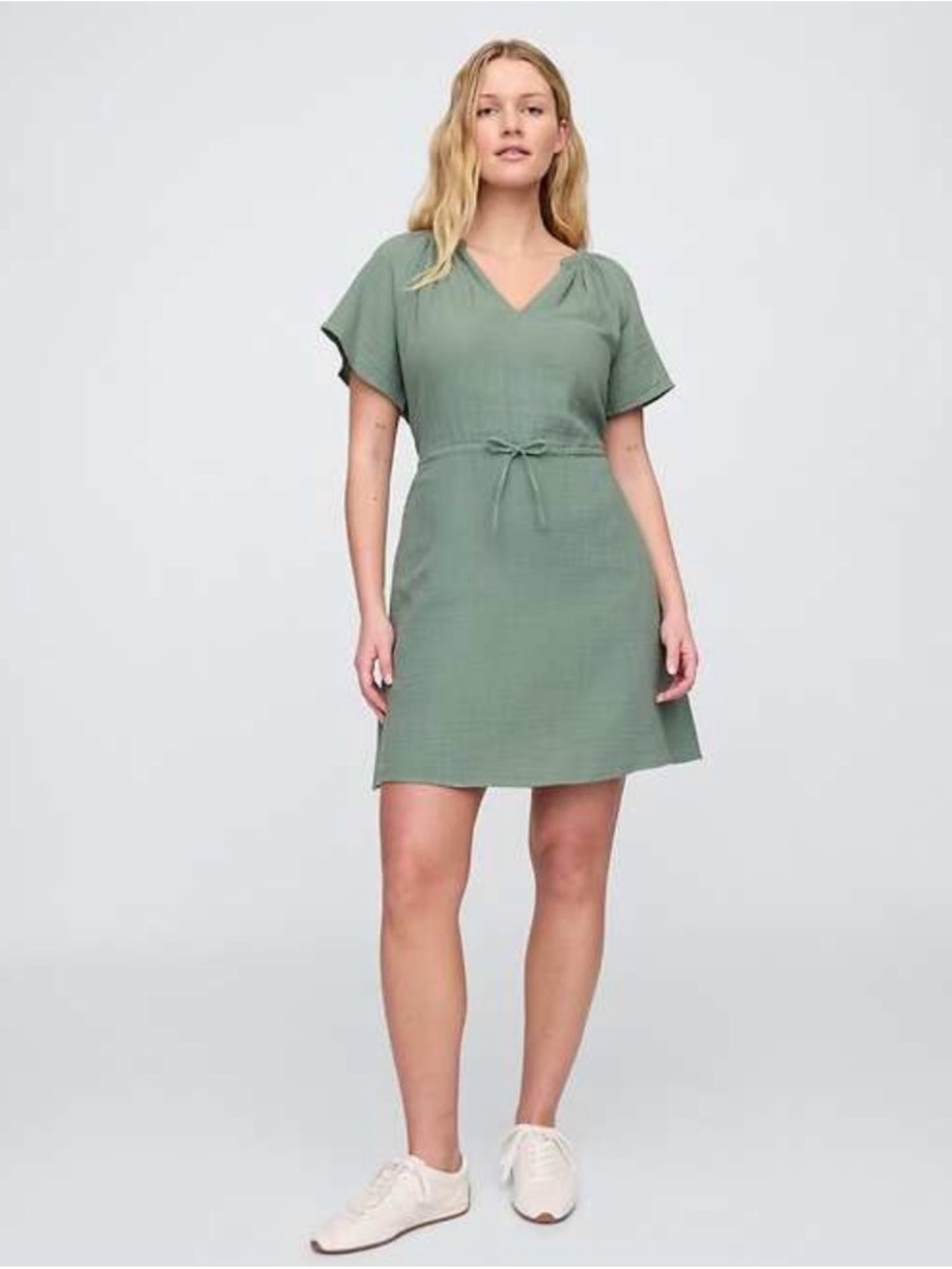 GAP Olive Sage V-Neck Tie-Waist Mini Dress